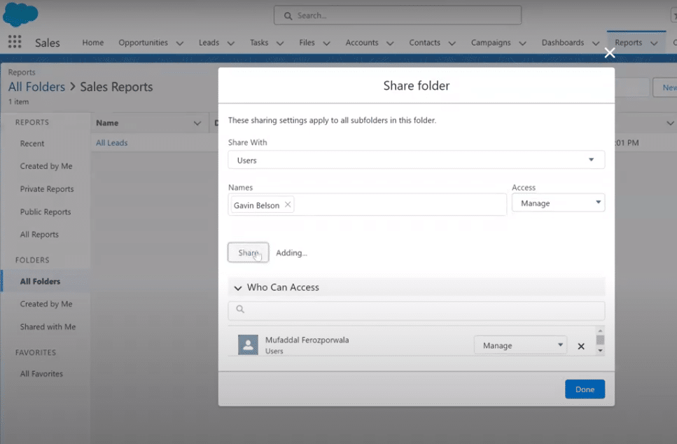 Confirming sharing settings for a report in Salesforce.