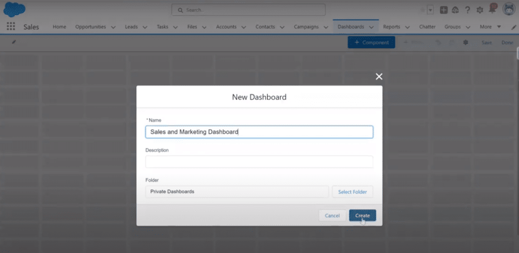 Clicking the 'Create' button on the Dashboards tab after naming, describing, and choosing a folder for the new Salesforce dashboard.