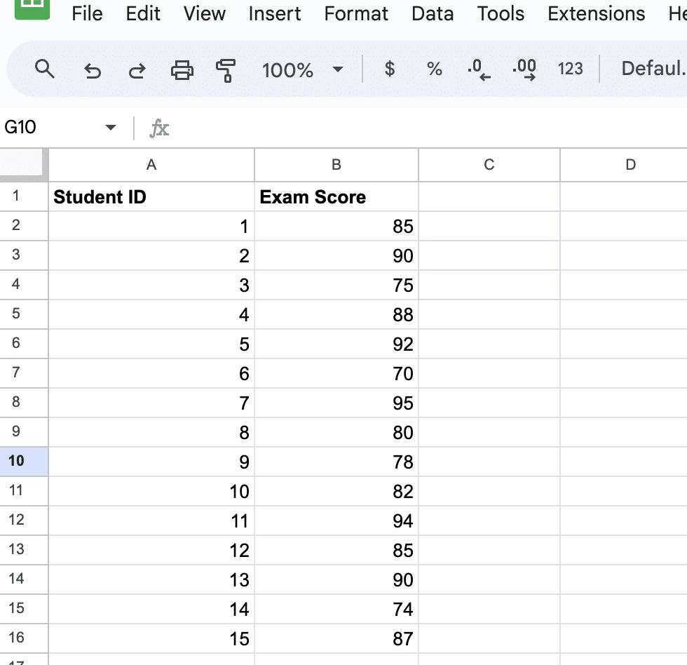Inputting student exam score data into a column in Google Sheets.