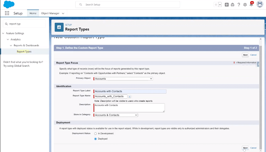 Defining Report Type Details in Salesforce