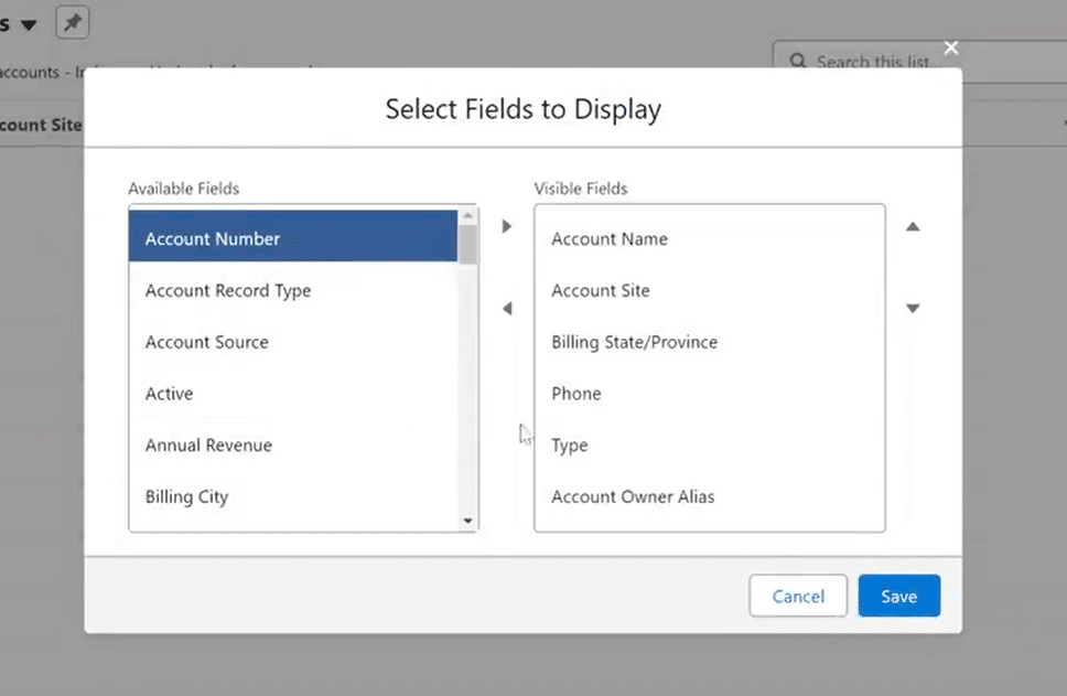 Finalizing the selection of custom fields in Salesforce List View