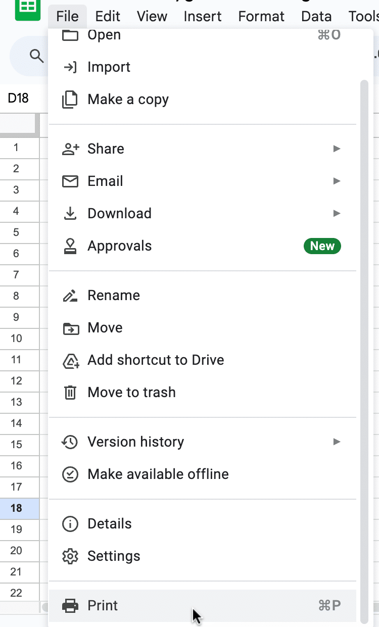 Google Sheets Print window for adjusting margins.
