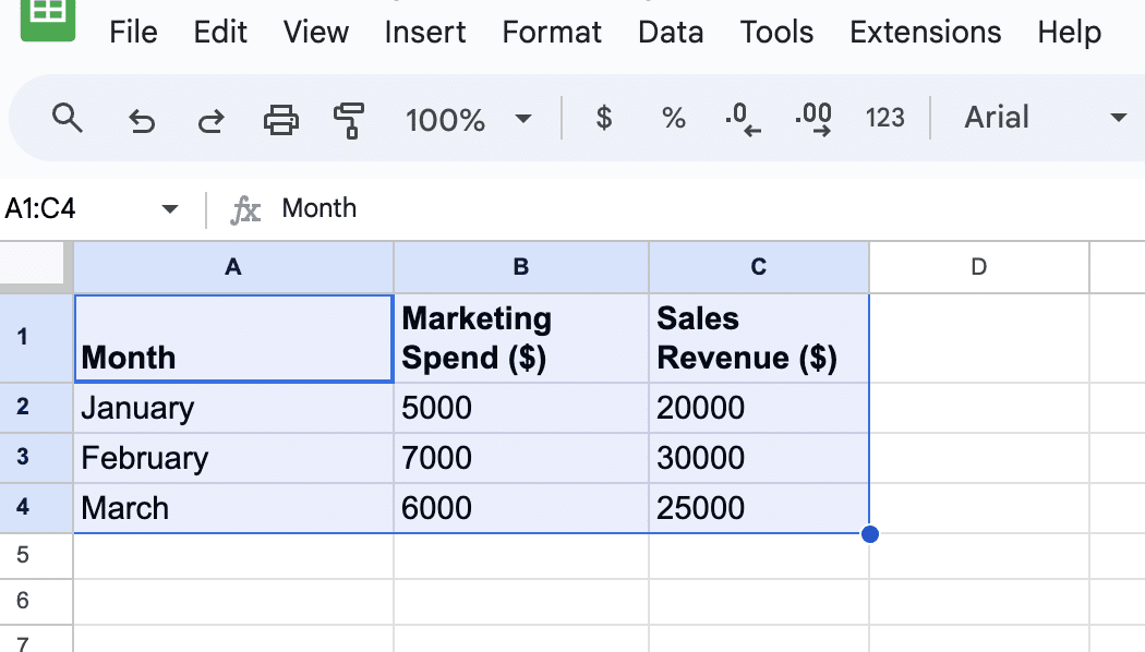 Highlighting both columns of marketing spend and sales revenue data in Google Sheets for scatter plot creation.