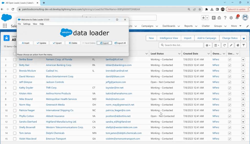 Launching Salesforce Data Loader tool for data export.