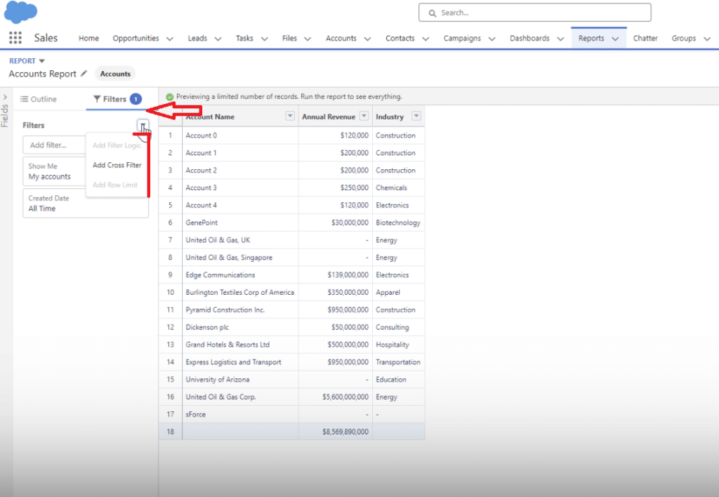 Locating the 'Filter' section in the List View or Report setup in Salesforce.