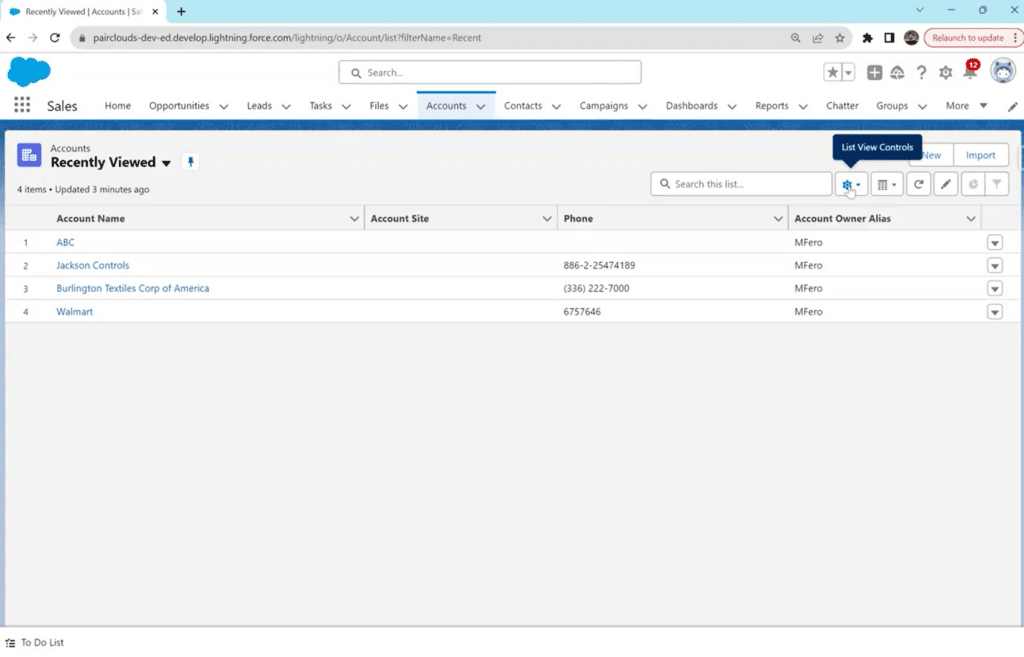 Locating the List View dropdown using the Gear Icon in Salesforce Lightning
