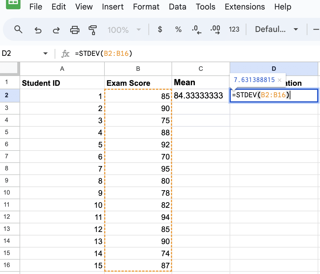 Calculating mean and standard deviation of student exam scores in Google Sheets.