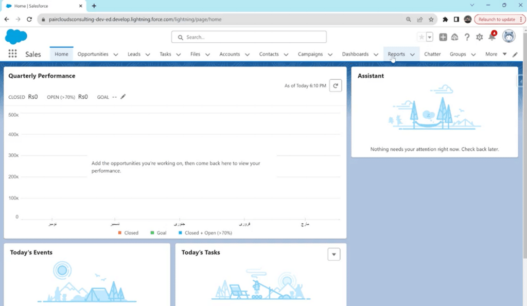 Locating the 'Reports' tab in the top navigation bar from the Salesforce dashboard.