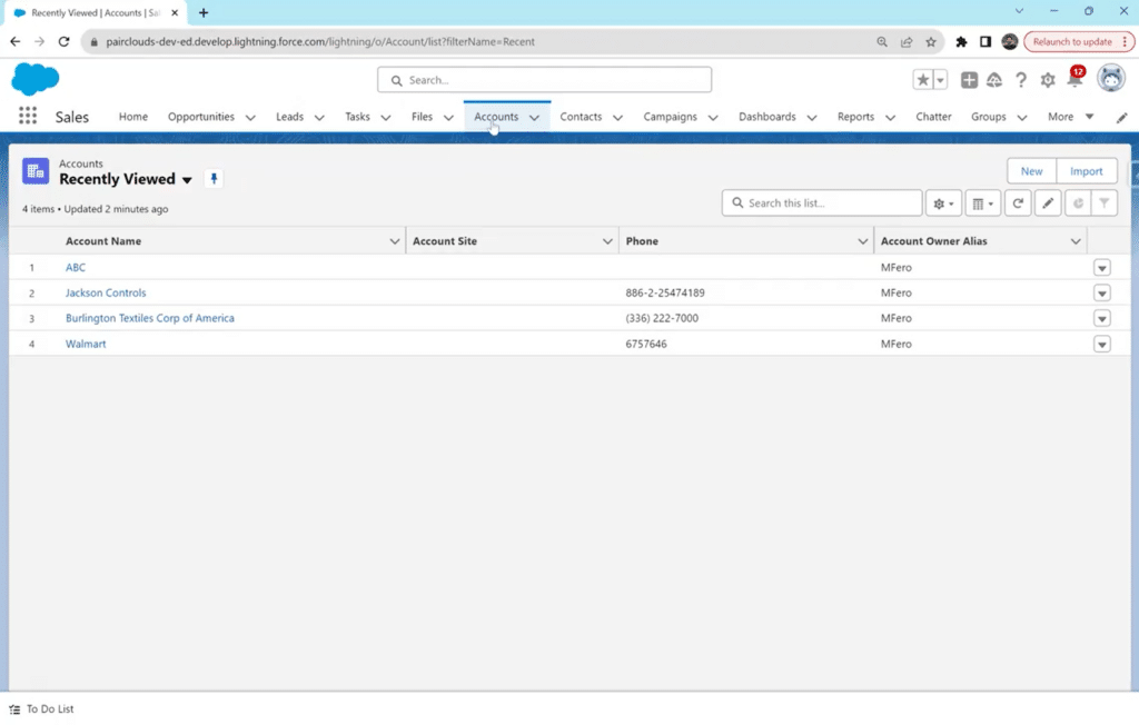 Navigating to the List View section in Salesforce Lightning interface