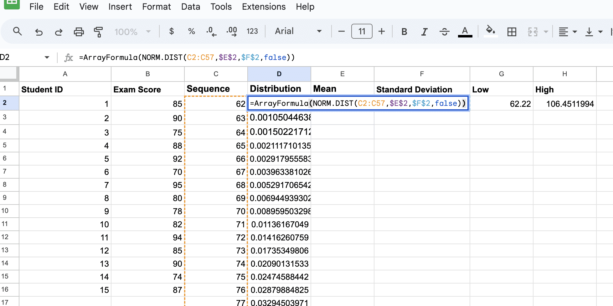 Comprehensive methodology for calculating normal distribution in Google Sheets using ARRAYFORMULA and NORM.DIST functions, essential for accurate bell curve representation.