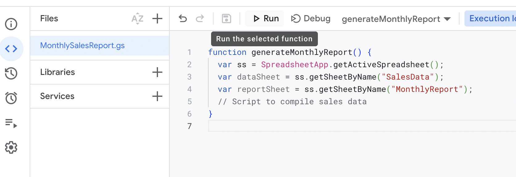 Executing the script in Google Sheets Script Editor.
