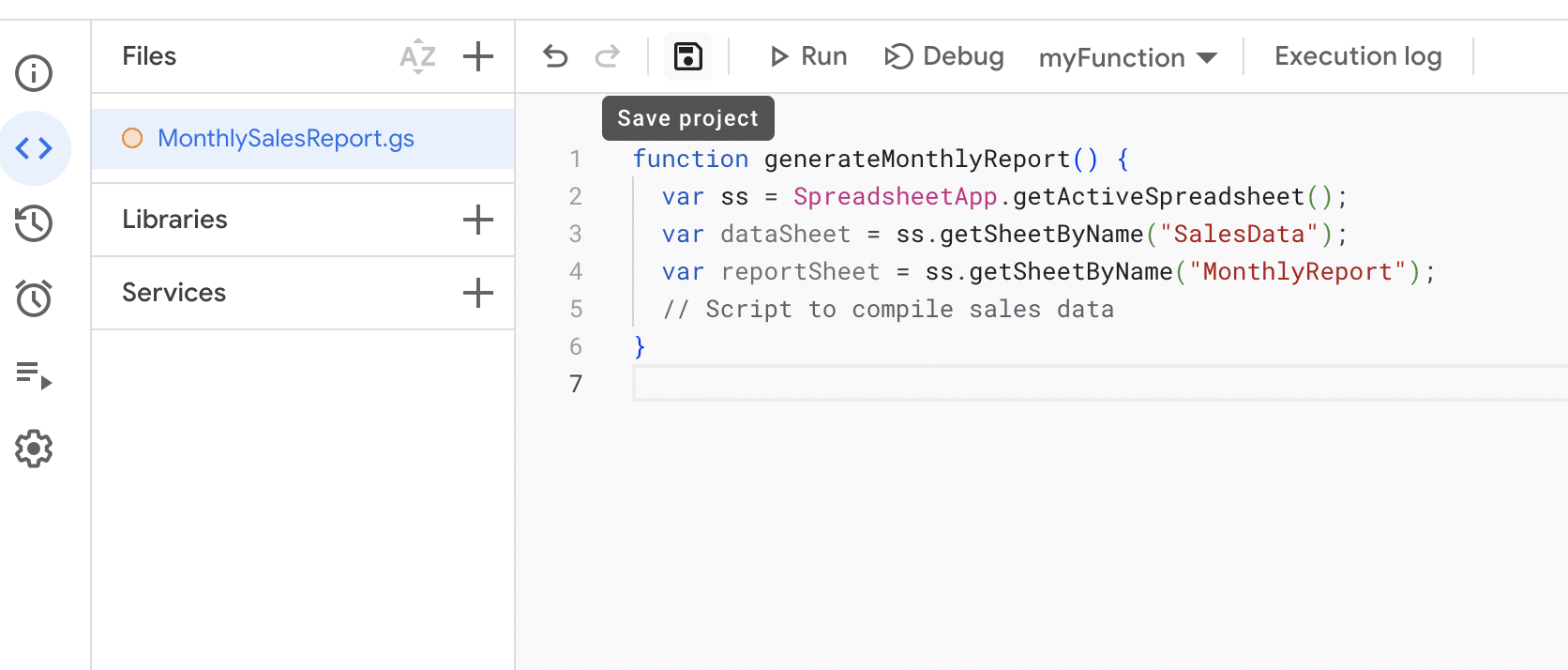 Saving the script code in Google Sheets Script Editor.