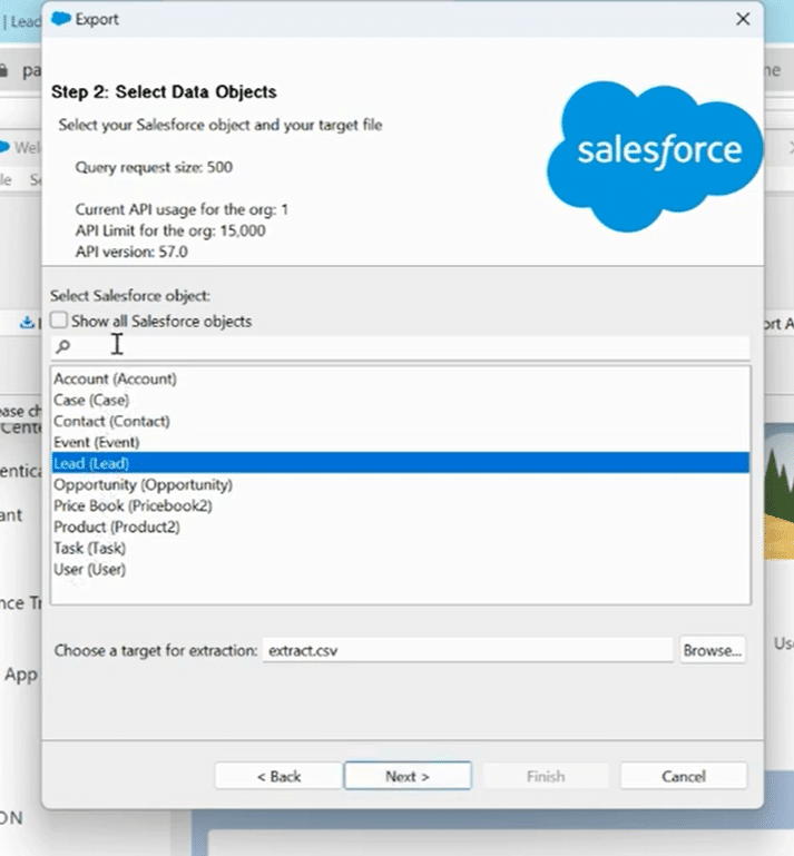 Selecting the desired data object from a drop-down list in Salesforce, such as accounts, leads, or opportunities.