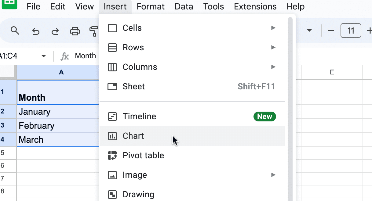 Choosing the Chart option from the drop-down list in Google Sheets' Insert menu.