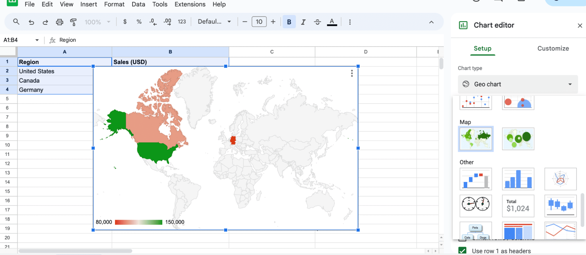 Changing the chart type to Geo chart in Google Sheets