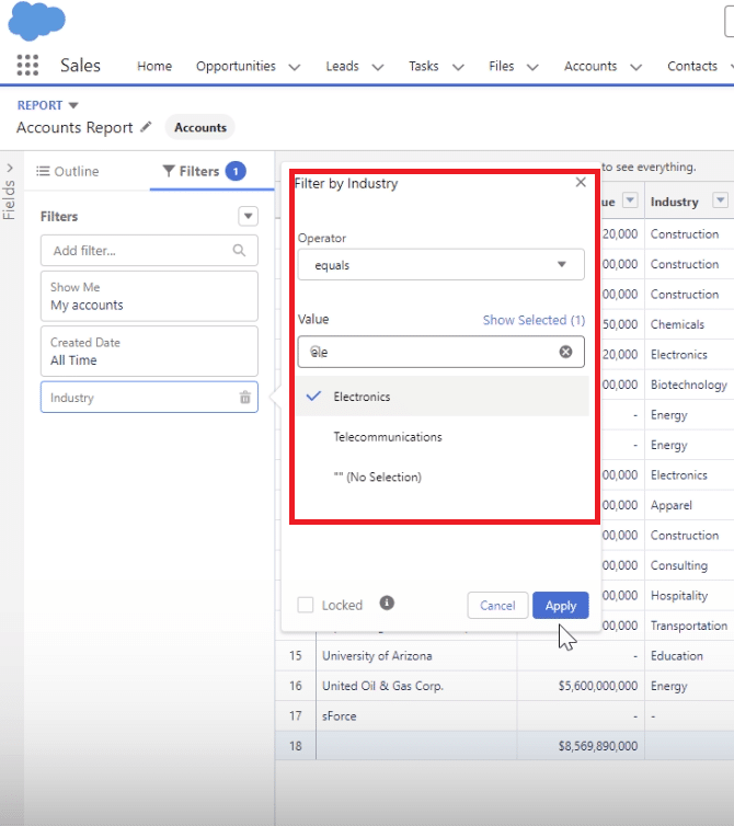 Setting conditions for filter logic, choosing fields and criteria in Salesforce.