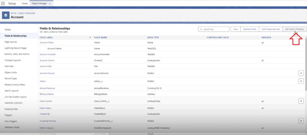 Clicking on 'Set History Tracking' for the selected field in Salesforce