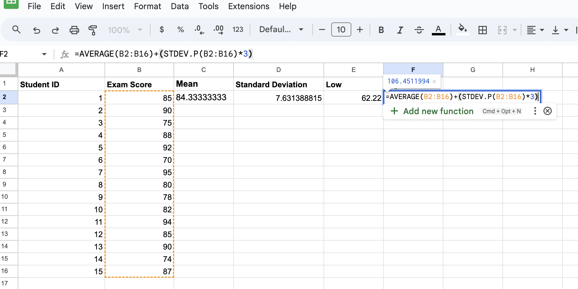  Detailed instructions on computing standard deviation extremes for bell curve analysis in Google Sheets, using specific formulas to determine the -3 and +3 deviations from the mean.