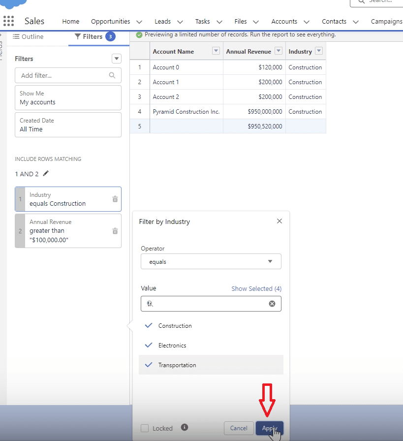 Previewing or running the filter to test and verify the rules set in Salesforce.