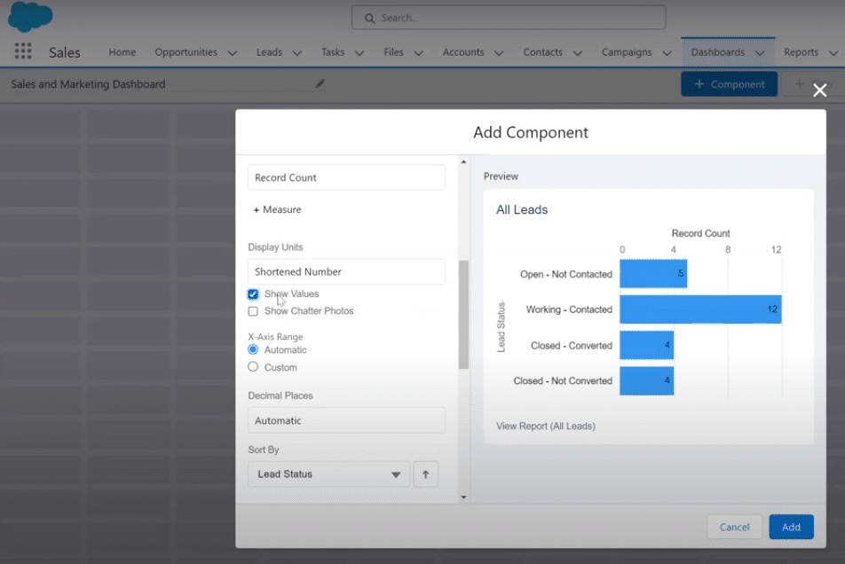 Choosing from various chart types such as horizontal bar, vertical bar, doughnut, and funnel to visualize reports on a Salesforce dashboard.