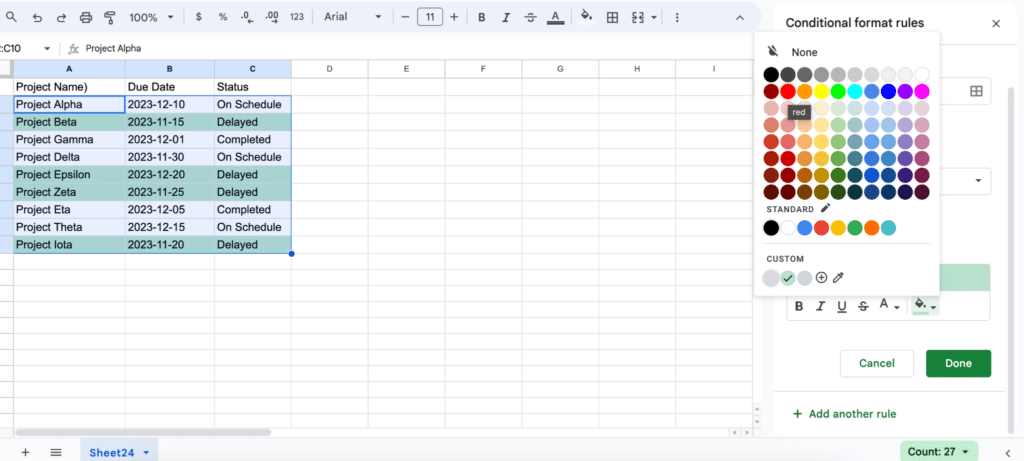 Apply Conditional Formatting to Entire Rows in Google Sheets