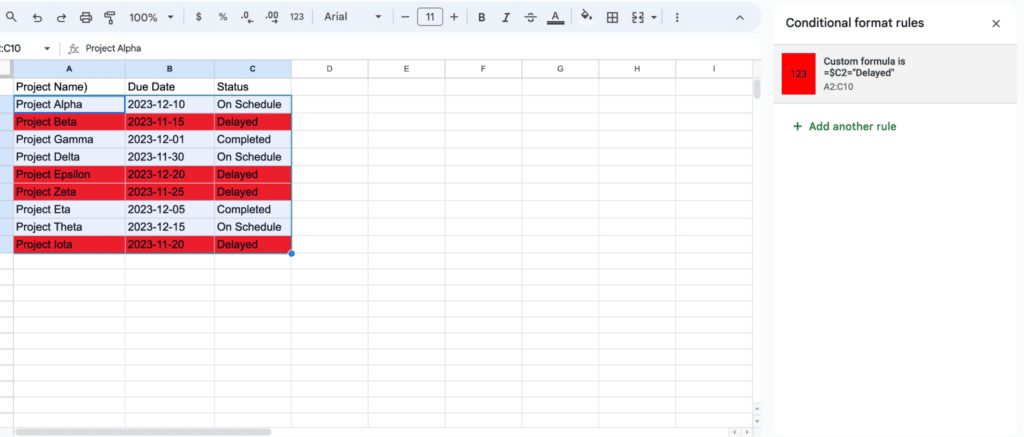 Apply Conditional Formatting to Entire Rows in Google Sheets