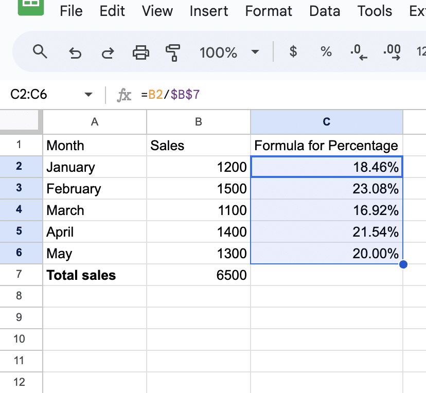 Image showing the release of the mouse button after dragging the fill handle, with the formula applied to all cells in the range in Google Sheets