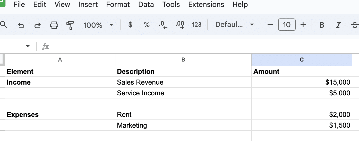  Detailed income and expenses sections in a Google Sheets profit and loss statement.