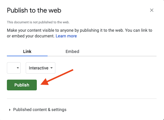 Click 'Publish' to publish to the web