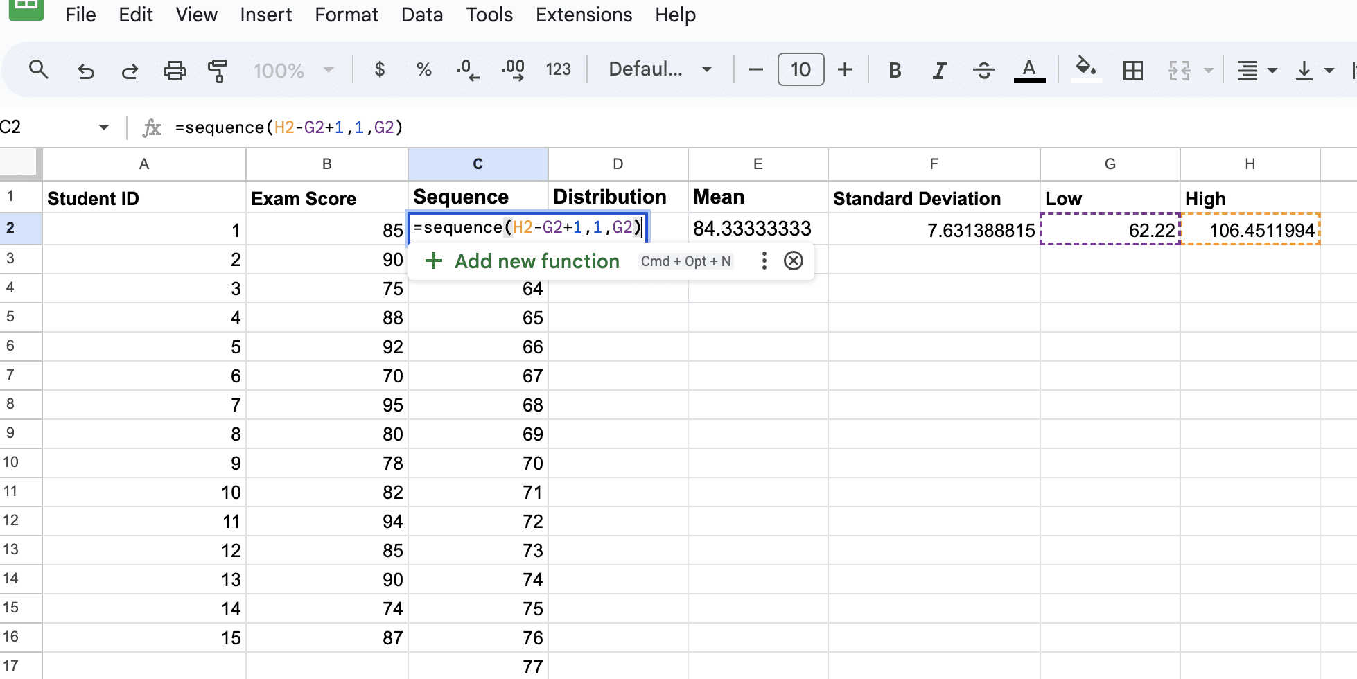 Step-by-step guide on creating an X-axis sequence for bell curve plotting in Google Sheets, using the SEQUENCE function to ensure accurate graph scaling.