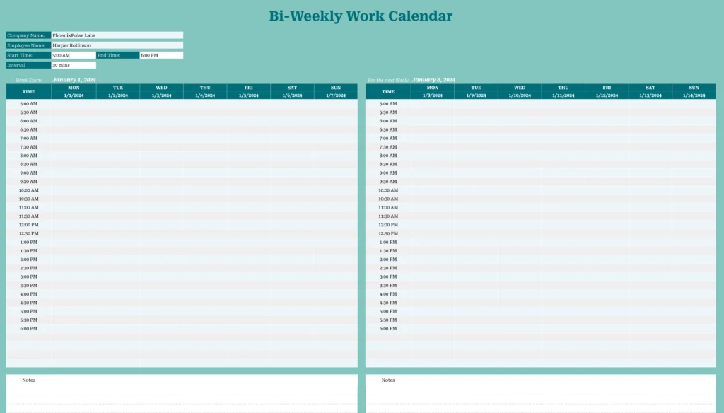 Bi-Weekly Work Calendar Template