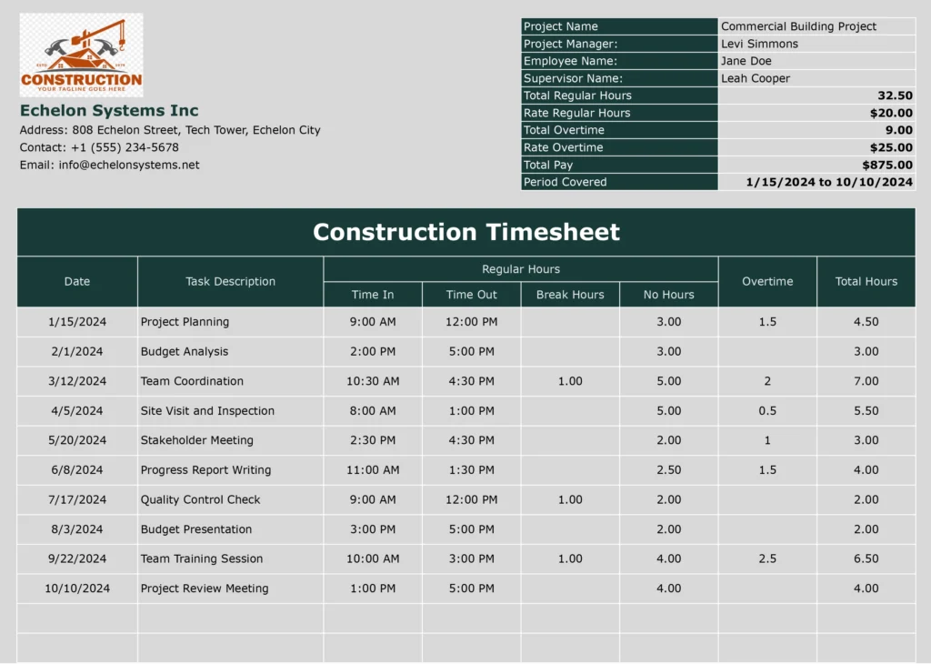 Construction timesheet template