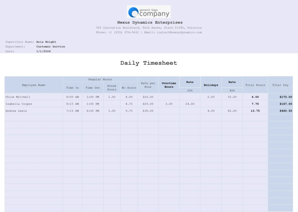 Daily Timesheet template