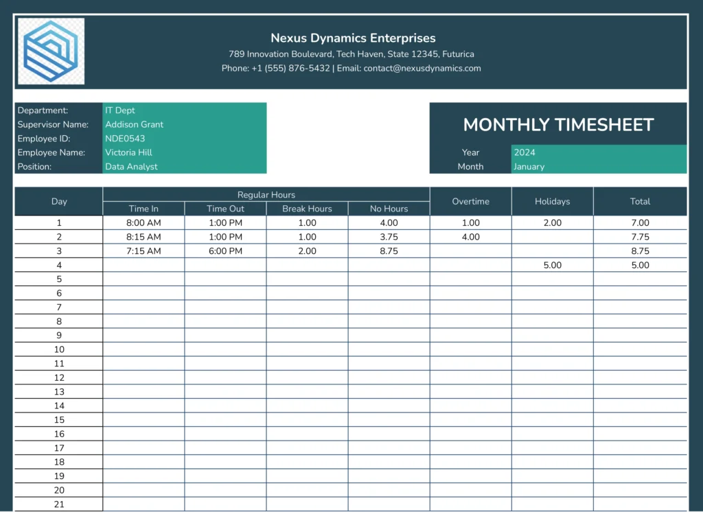 Monthly Timesheet template