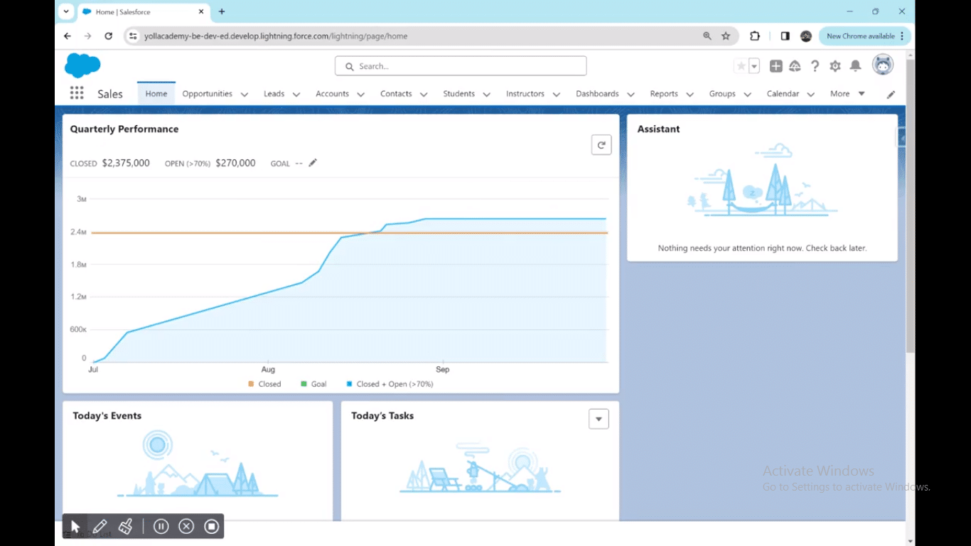 Screenshot showing how to navigate to the Quarterly Performance section in Salesforce