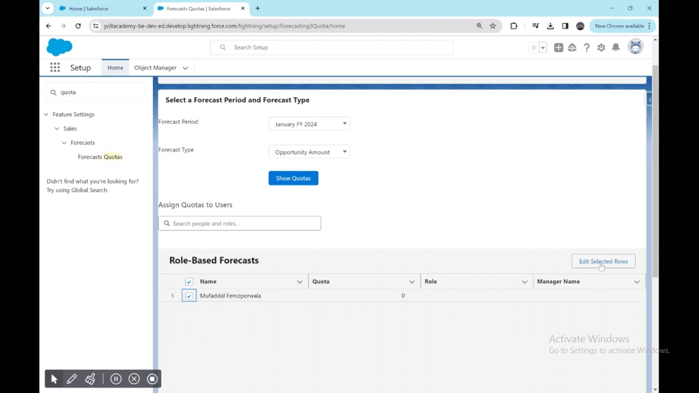 Image depicting the selection of 'Forecasts Quotas' in Salesforce's setup options