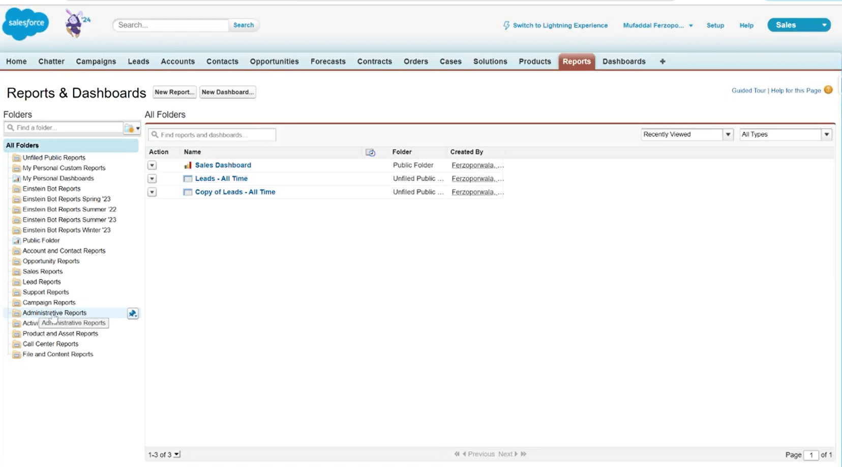Navigating to 'Reports' tab in Salesforce Classic for accessing 'Administrative Reports'
