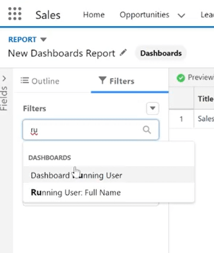 Selecting the custom ‘Dashboards’ category in Salesforce reports