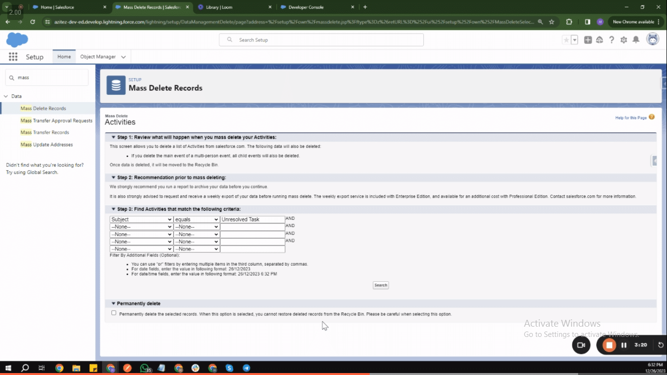 Setting filters and fields for task deletion in Salesforce