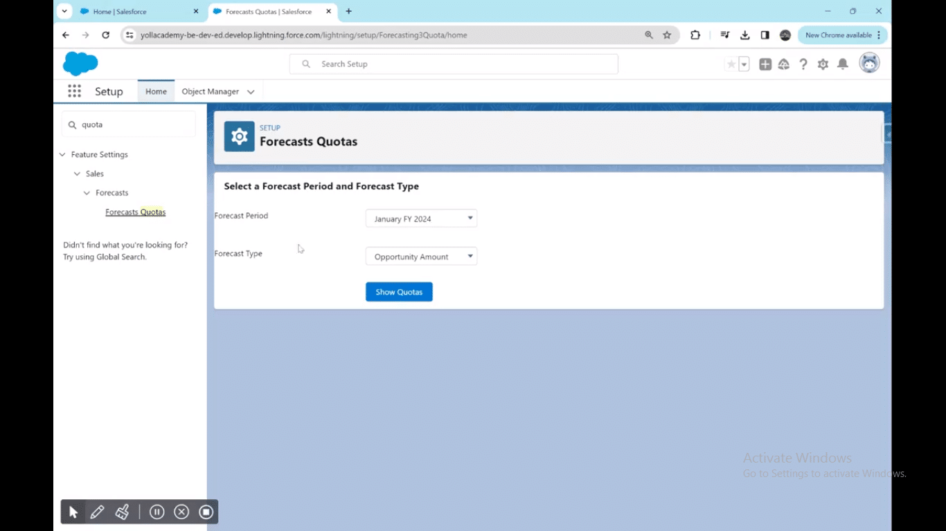 Visual guide on how to search for quota settings in the Salesforce setup menu