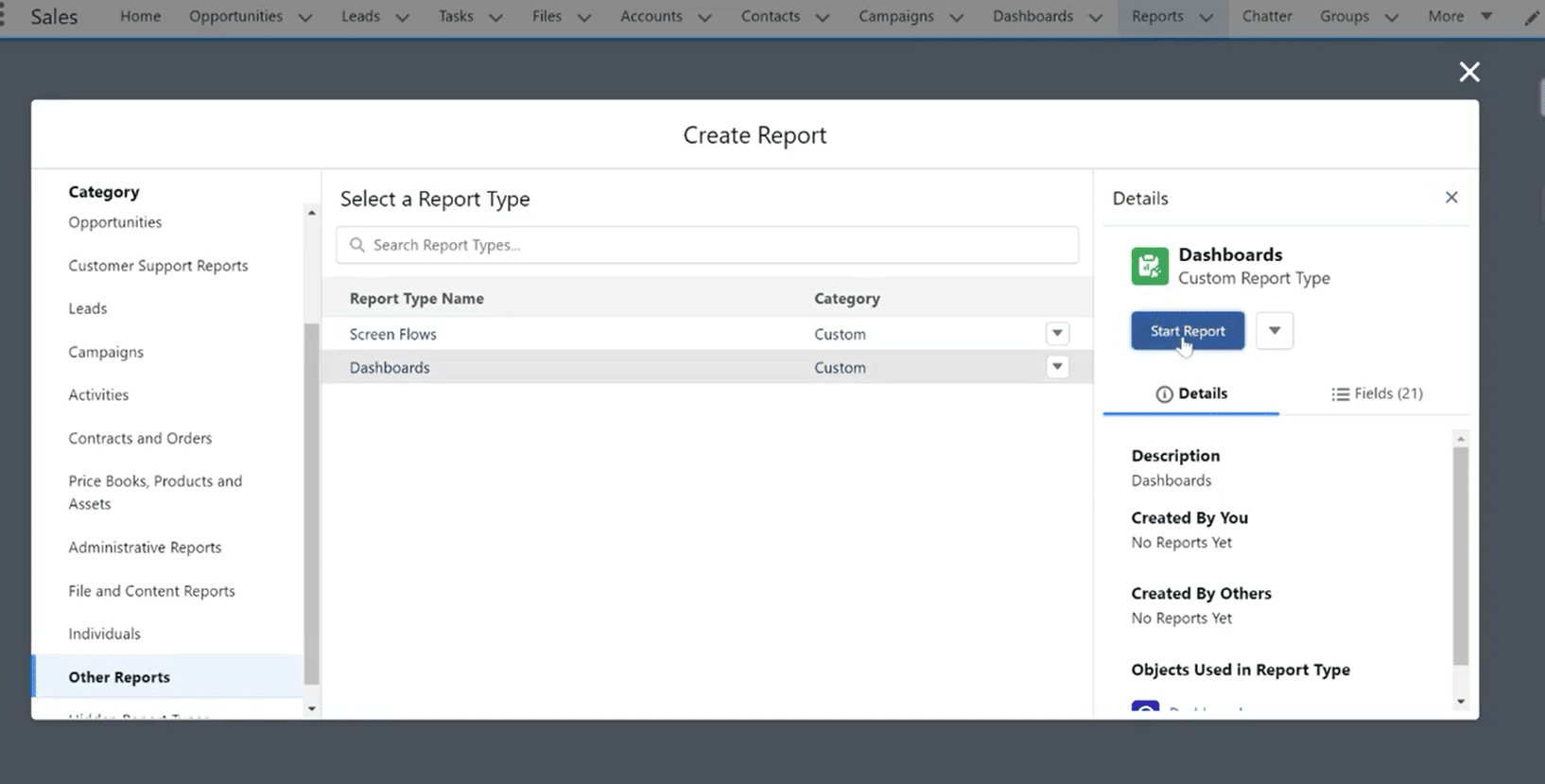 Saving the custom report type in Salesforce