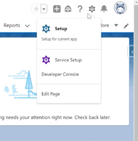 Navigating to ‘Setup’ in Salesforce via the Gear icon