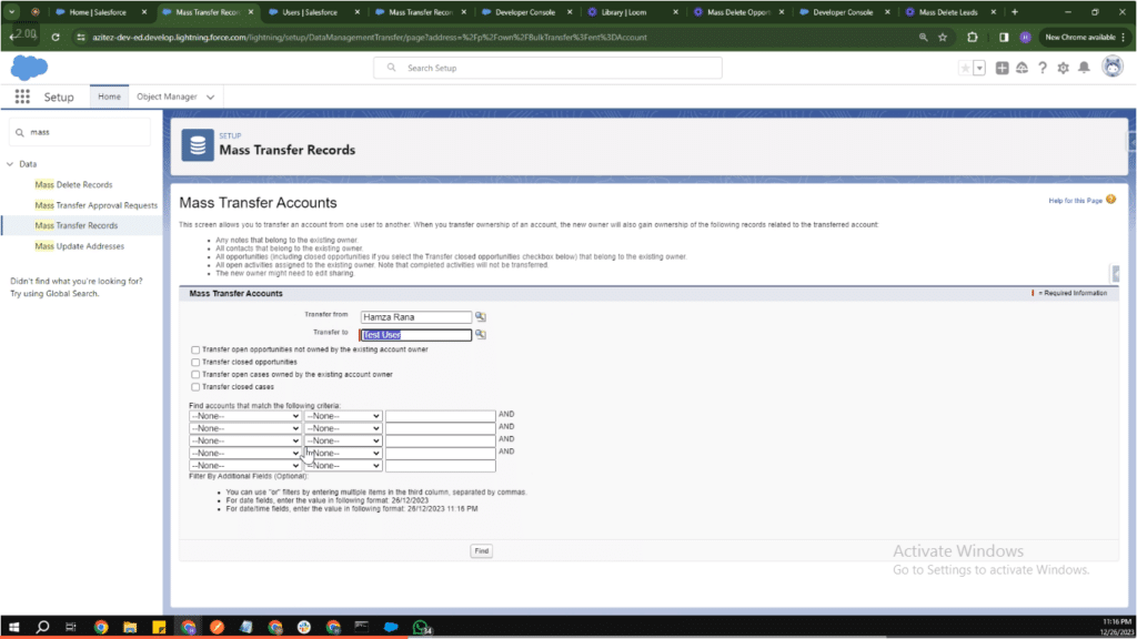 Choosing source and destination accounts for transfer in Salesforce