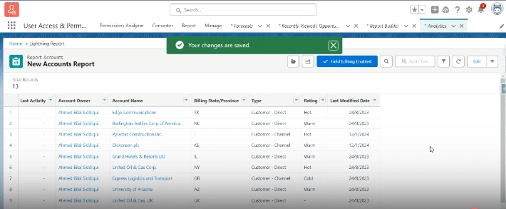  Selecting 'Installation Partner' in Account Type and Saving Changes in Salesforce Report.
