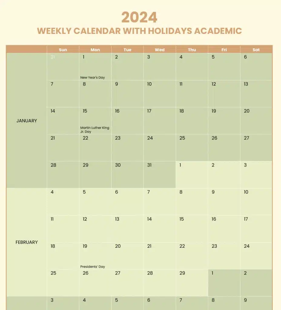 Weekly Calendar with Holidays Academic Calendar Template
