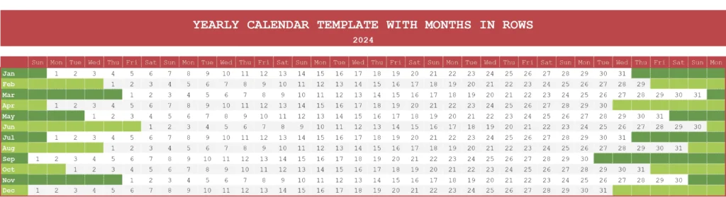 Yearly Calendar Template with Months in Rows