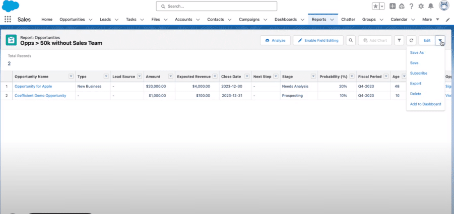 Navigating to the Opportunity Data Page and Choosing the 'Export' Option in Salesforce