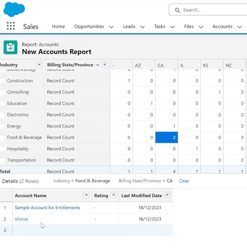 Exploring detailed data by clicking cells in Salesforce matrix report.