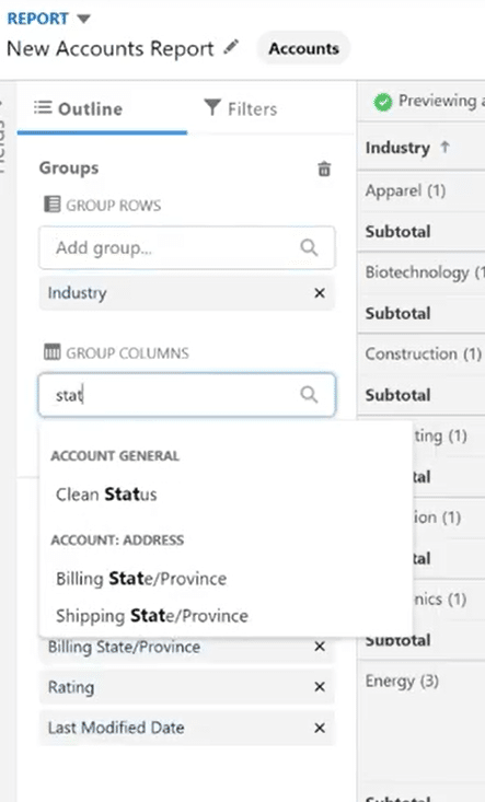 Setting up column groups in Salesforce matrix report for multi-dimensional analysis.
