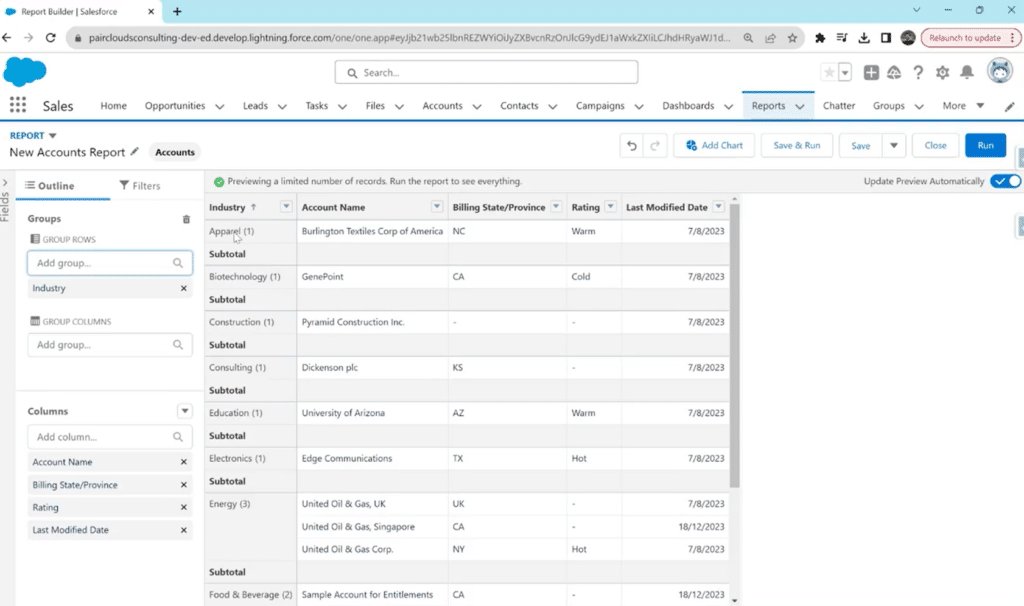 Using 'Group Rows' feature to categorize data in Salesforce matrix report.